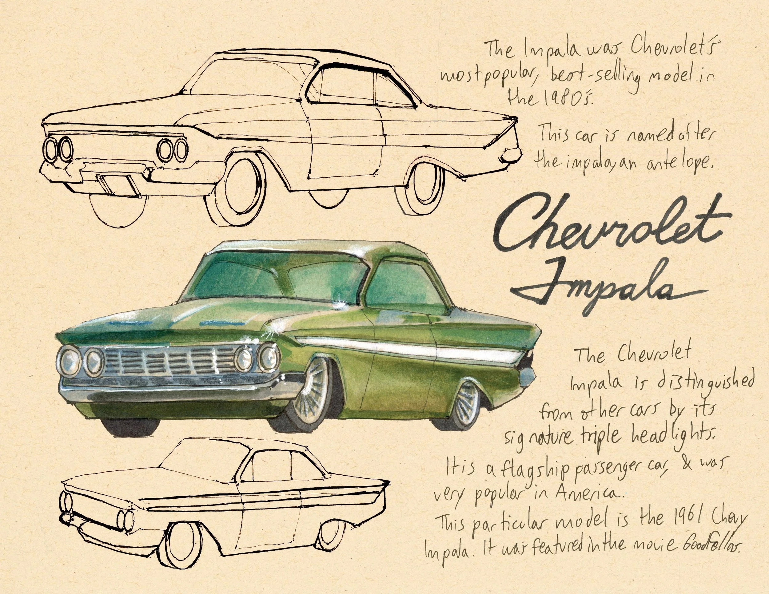 · Chevrolet Impala · Aug. 2025 · 8.5 x 11 in. · Pen & ink, marker, white color pencil, watercolor ·