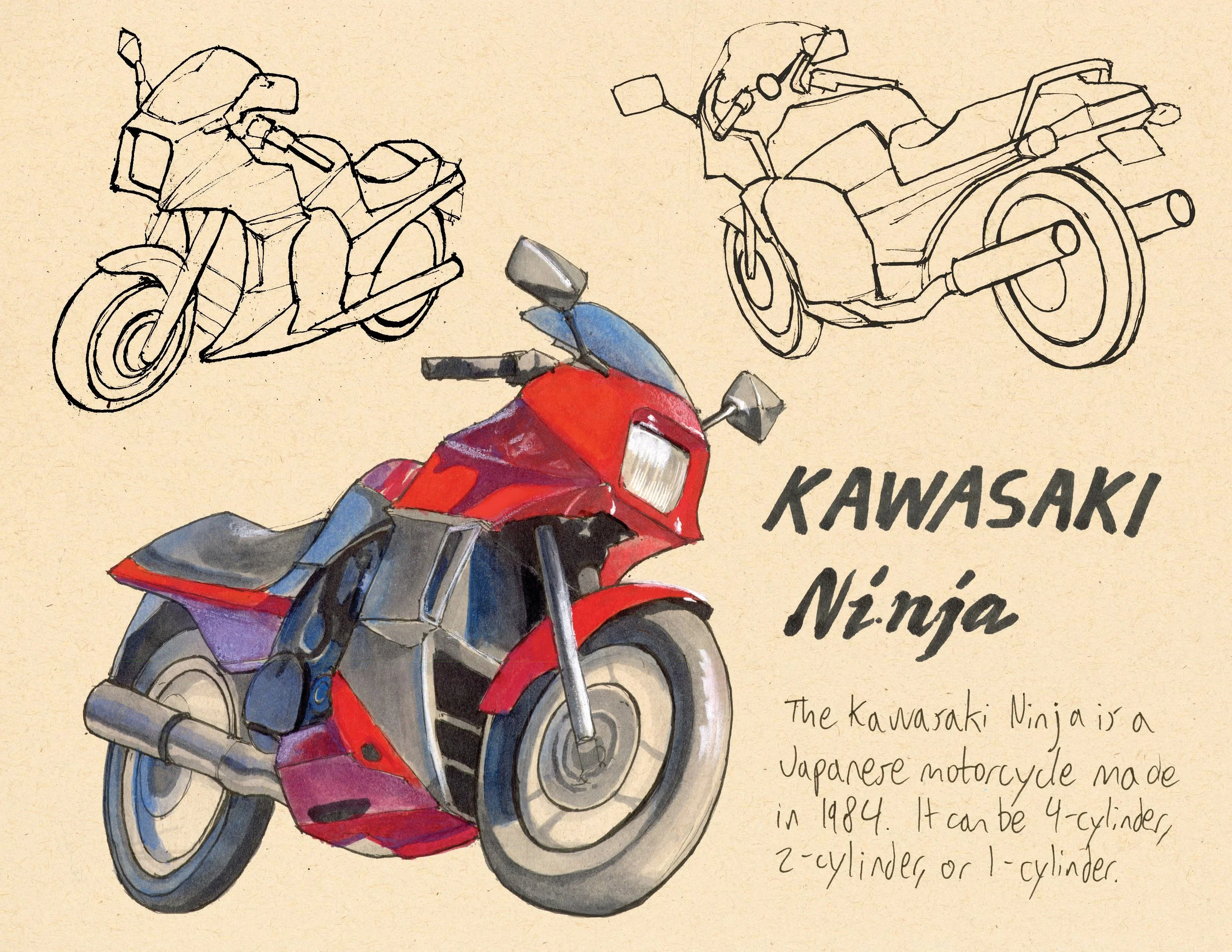 · Kawasaki Ninja · Aug. 2025 · 8.5 x 11 in. · Pen & ink, marker, white color pencil, watercolor ·