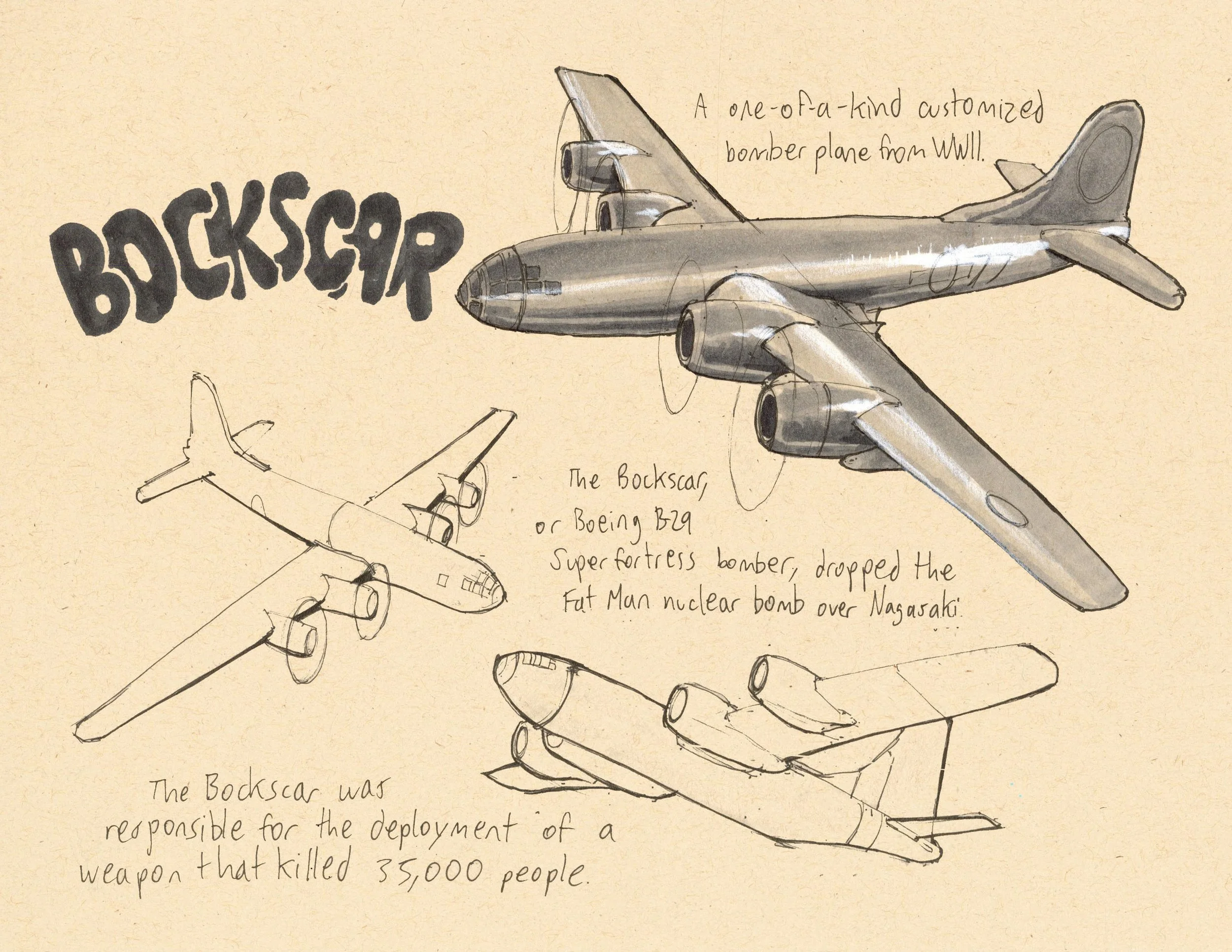 · Bockscar · Aug. 2025 · 8.5 x 11 in. · Pen & ink, marker, white color pencil ·