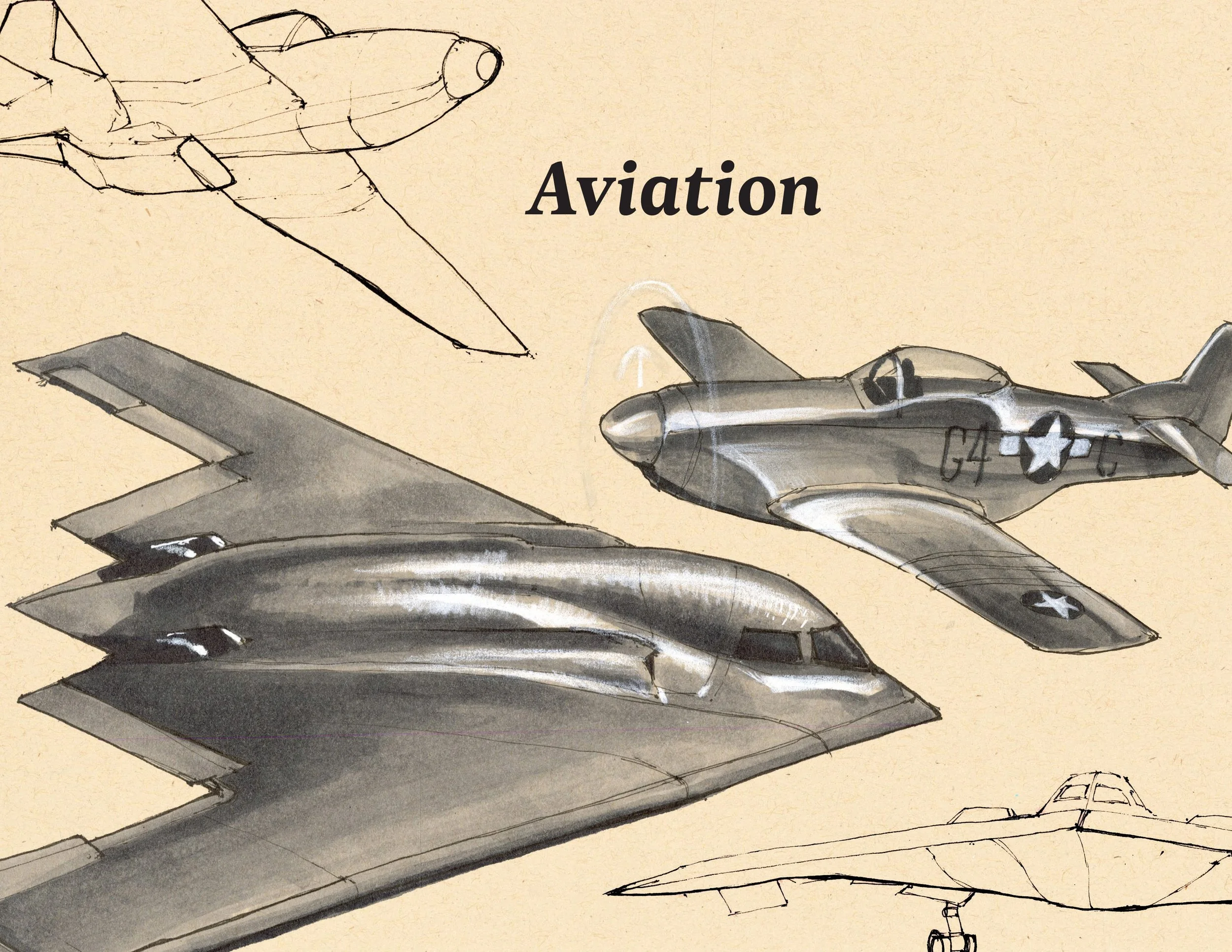 · Aviation Cover · Aug. 2025 · 8.5 x 11 in. · Pen & ink, marker, white color pencil ·