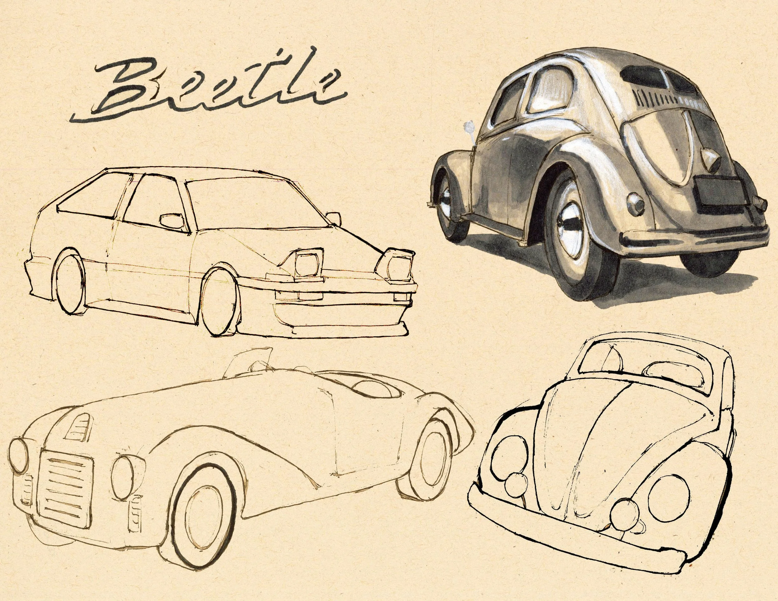 · Beetle · Aug. 2025 · 8.5 x 11 in. · Pen & ink, marker, white color pencil ·