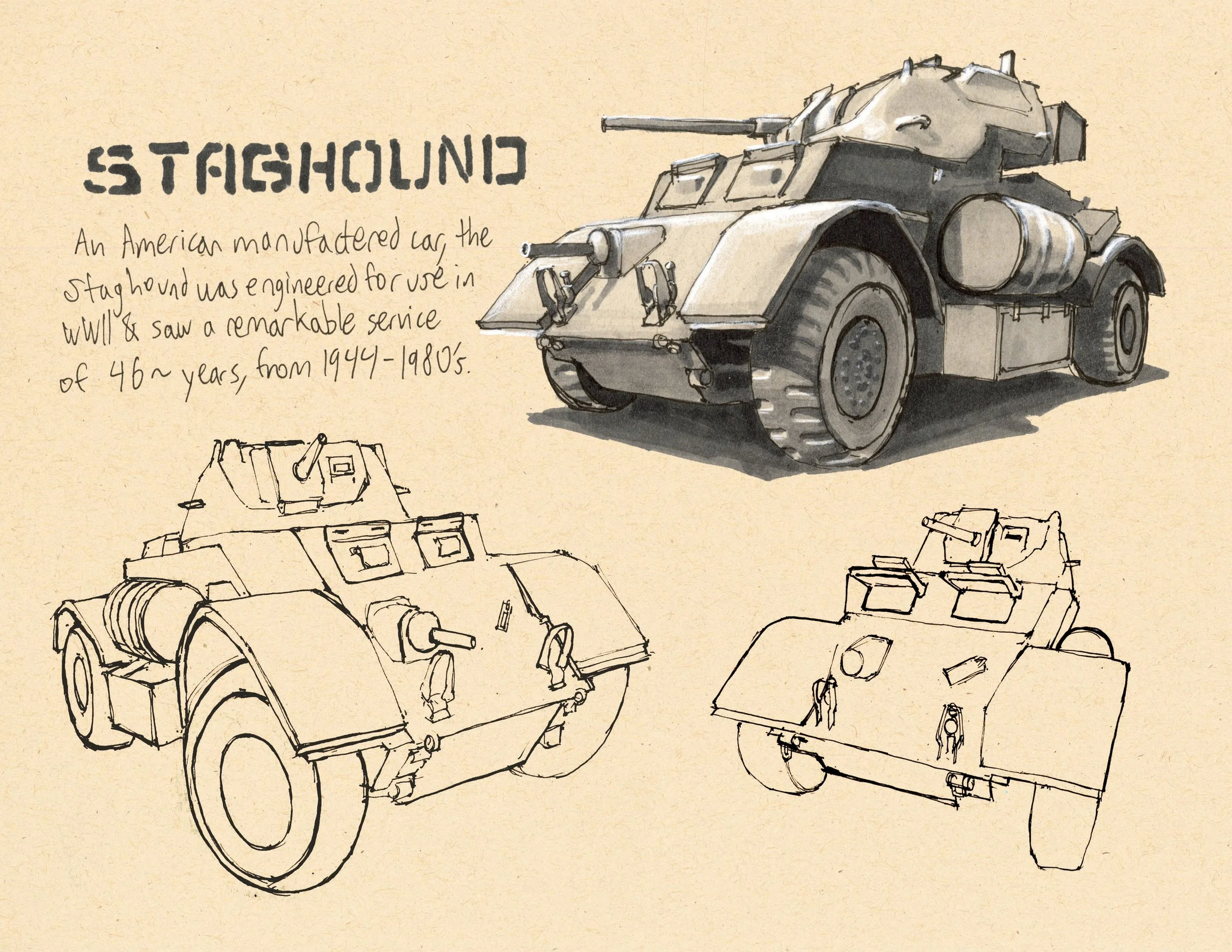 · Staghound · Aug. 2025 · 8.5 x 11 in. · Pen & ink, marker, white color pencil ·