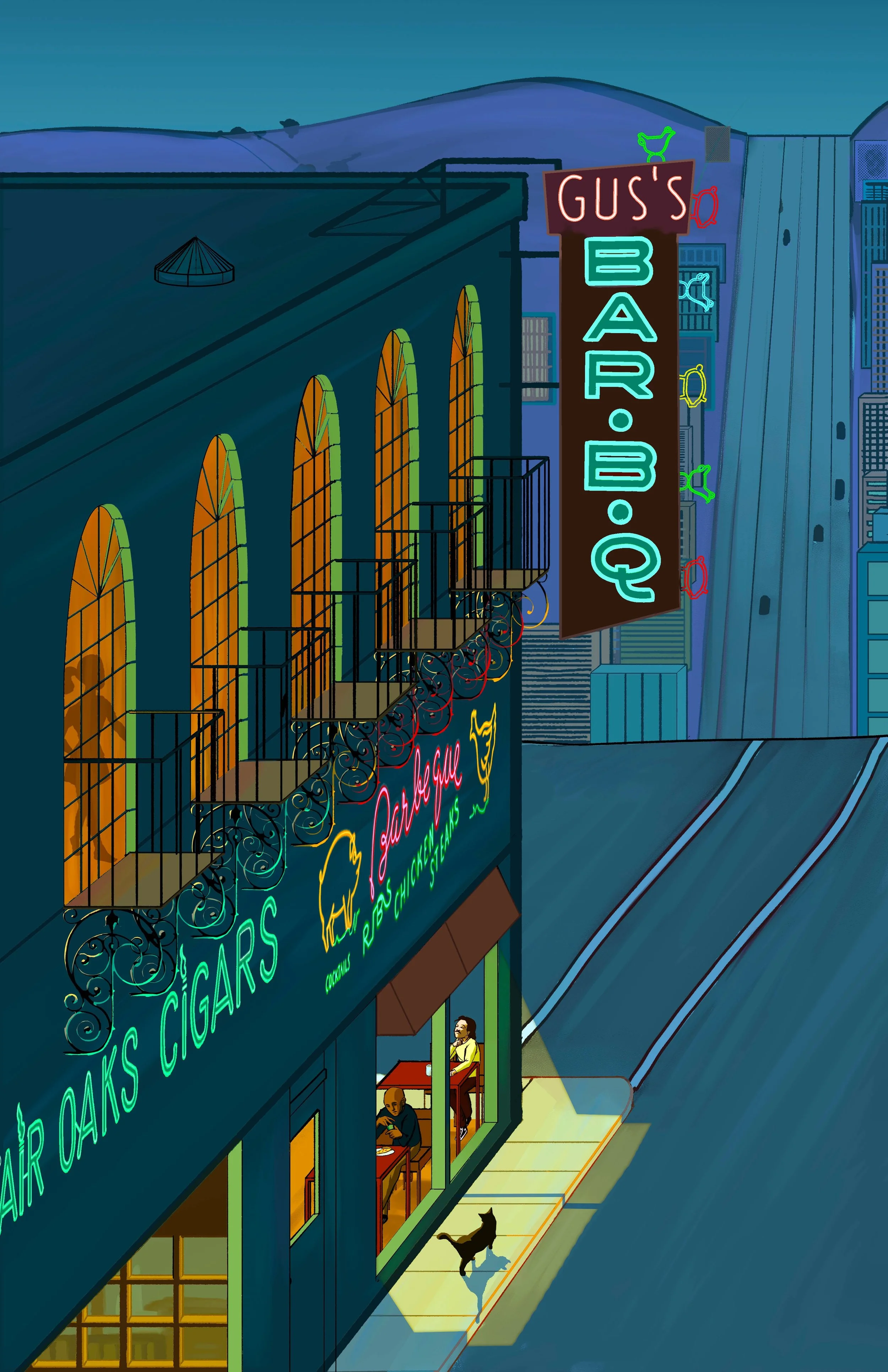 · Gus's BBQ at Night · Mar. 2026 · Photoshop · 