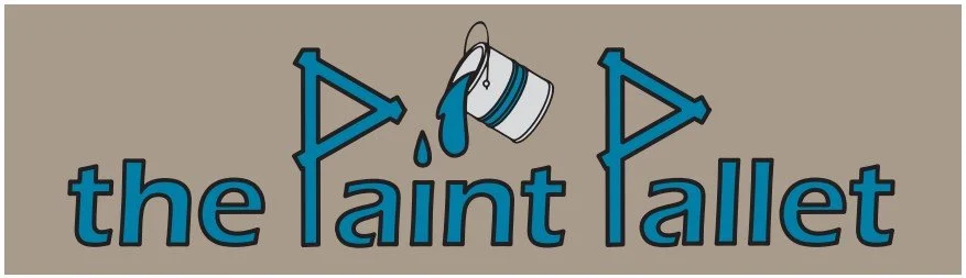 The Paint Pallet in blue text on a light brown rectangle with a bucket of paint spilling.