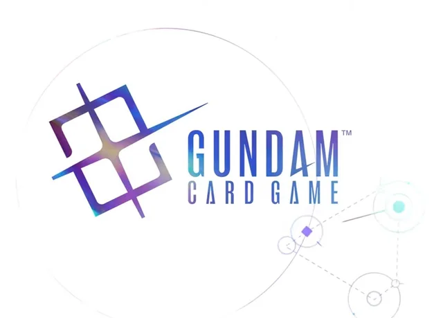 Gundam Card Game logo with a stylized emblem on the left and abstract circular design elements on the right.