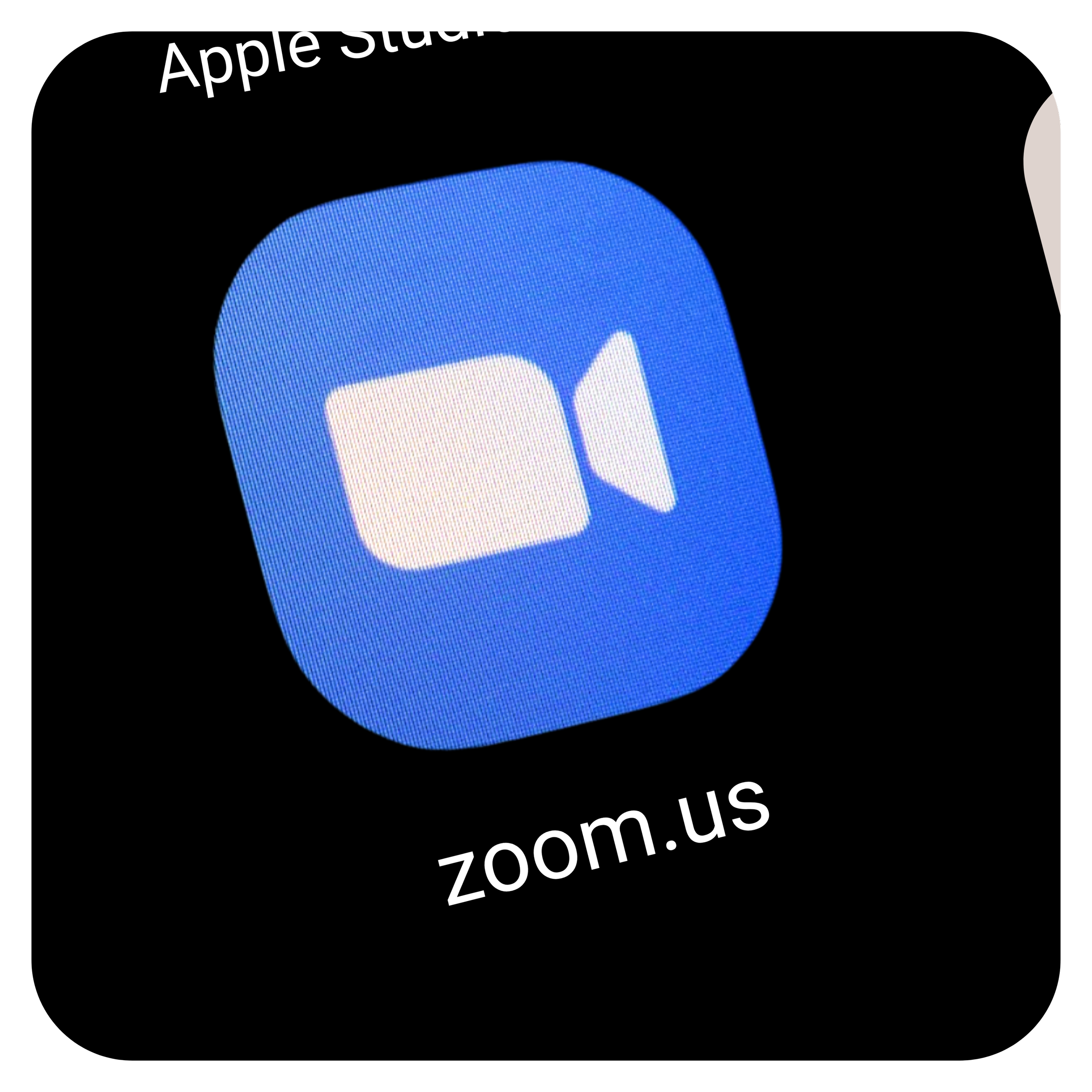 Zoom app icon with a blue square and a white video camera symbol, with the text 'Apple Store' at the top and 'zoom.us' at the bottom.