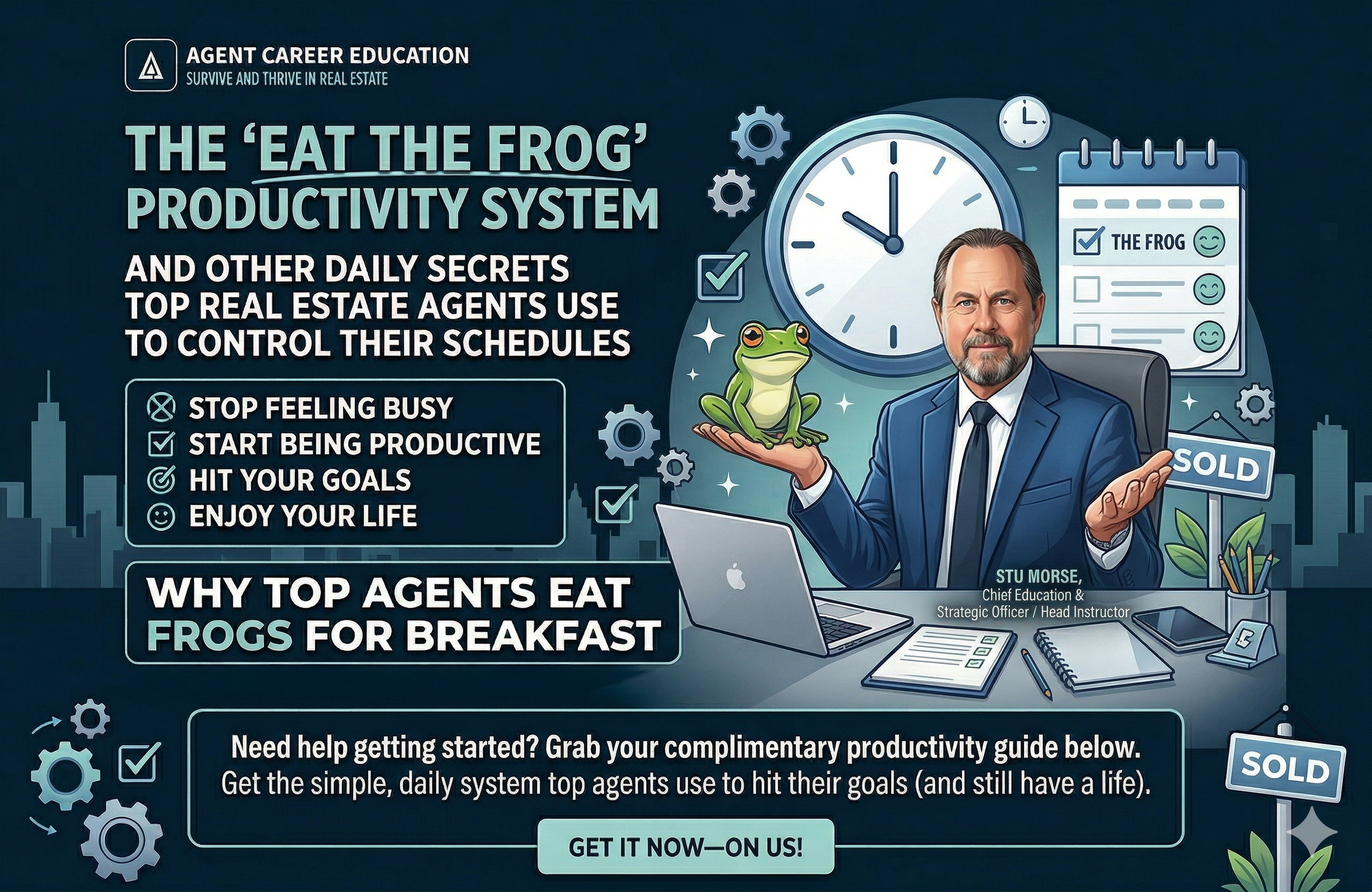 Cover of a booklet titled 'Prioritize with Purpose' by Agent Career Education featuring a man in a suit on the lower right and a company logo on the upper left, with a teal background.