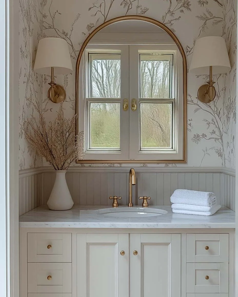 Delicate florals and warm brass prove that the softest spaces can make a big impression.

#PowderRoomGoals #SmallButMighty #MainLineInteriors #MainLineInteriorDesign #PrettyLittlePowderRoom #UnionHomeDesign