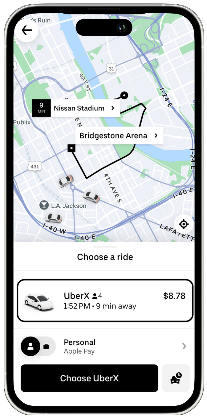 Smartphone screen displaying a ride-sharing app map interface. The map shows nearby locations, including Nissan Stadium and Bridgestone Arena, and nearby cars. An UberX ride option is highlighted, costing $8.78 and 9 minutes away. The payment method is Apple Pay.