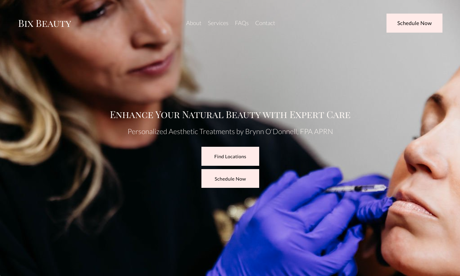 Aesthetic treatment being administered by a professional wearing gloves, with website text about Bix Beauty and service options.