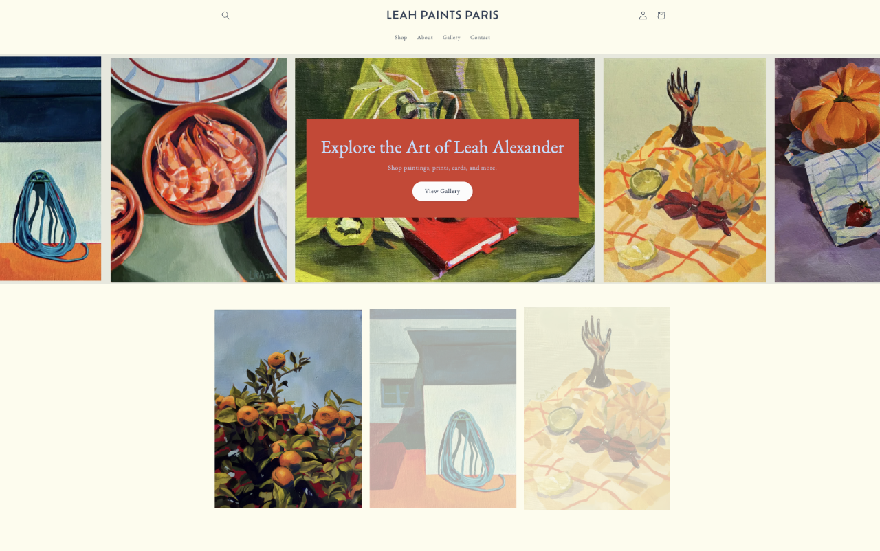 Art website homepage showcasing paintings by Leah Alexander, featuring still life and nature scenes, with a navigation menu and buttons to view the art gallery.