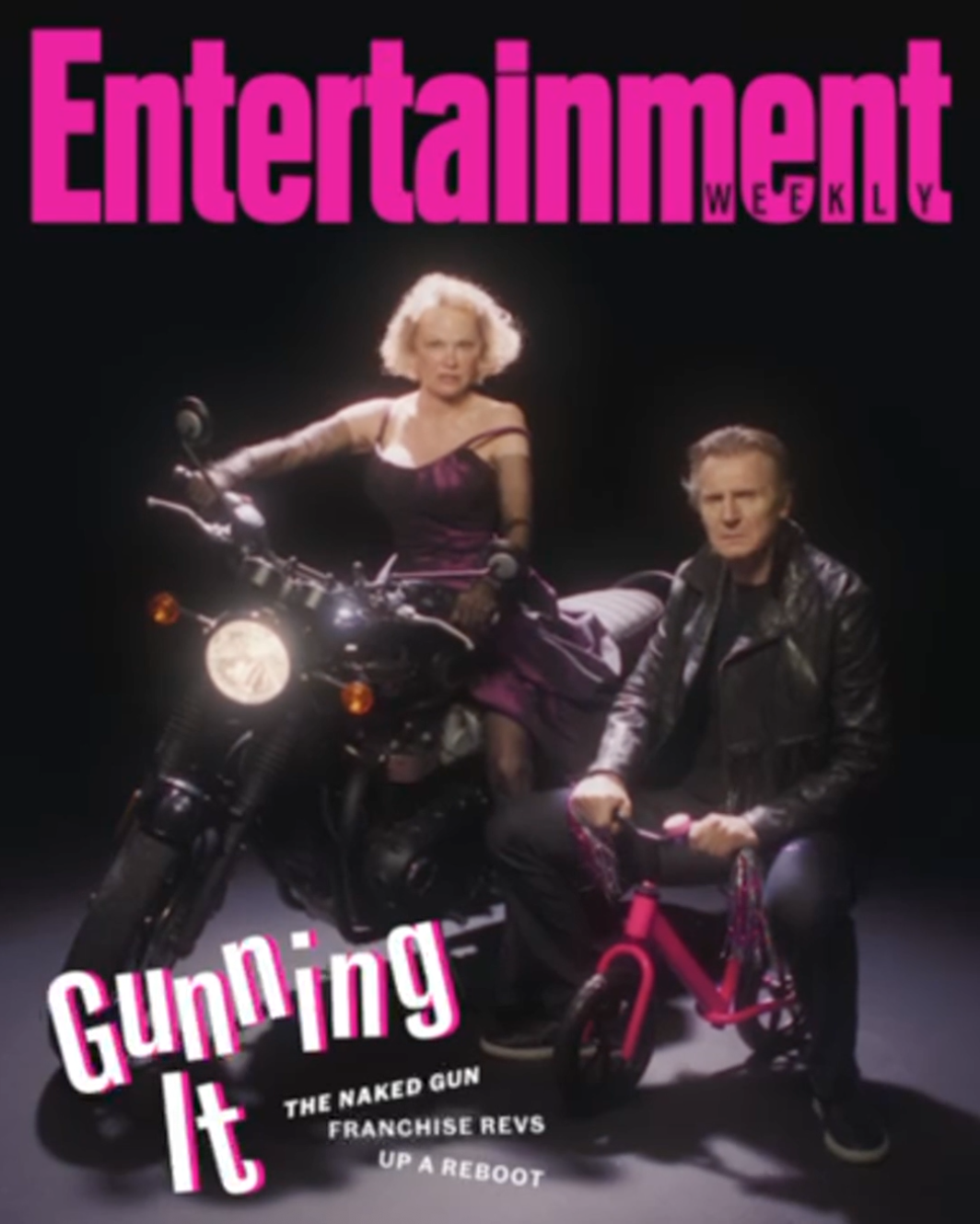 Cover of Entertainment Weekly featuring two people on bikes, one on a motorcycle and one on a small pink children's bike, with the title 'Gunning It' and additional headlines about film franchises and reboot.