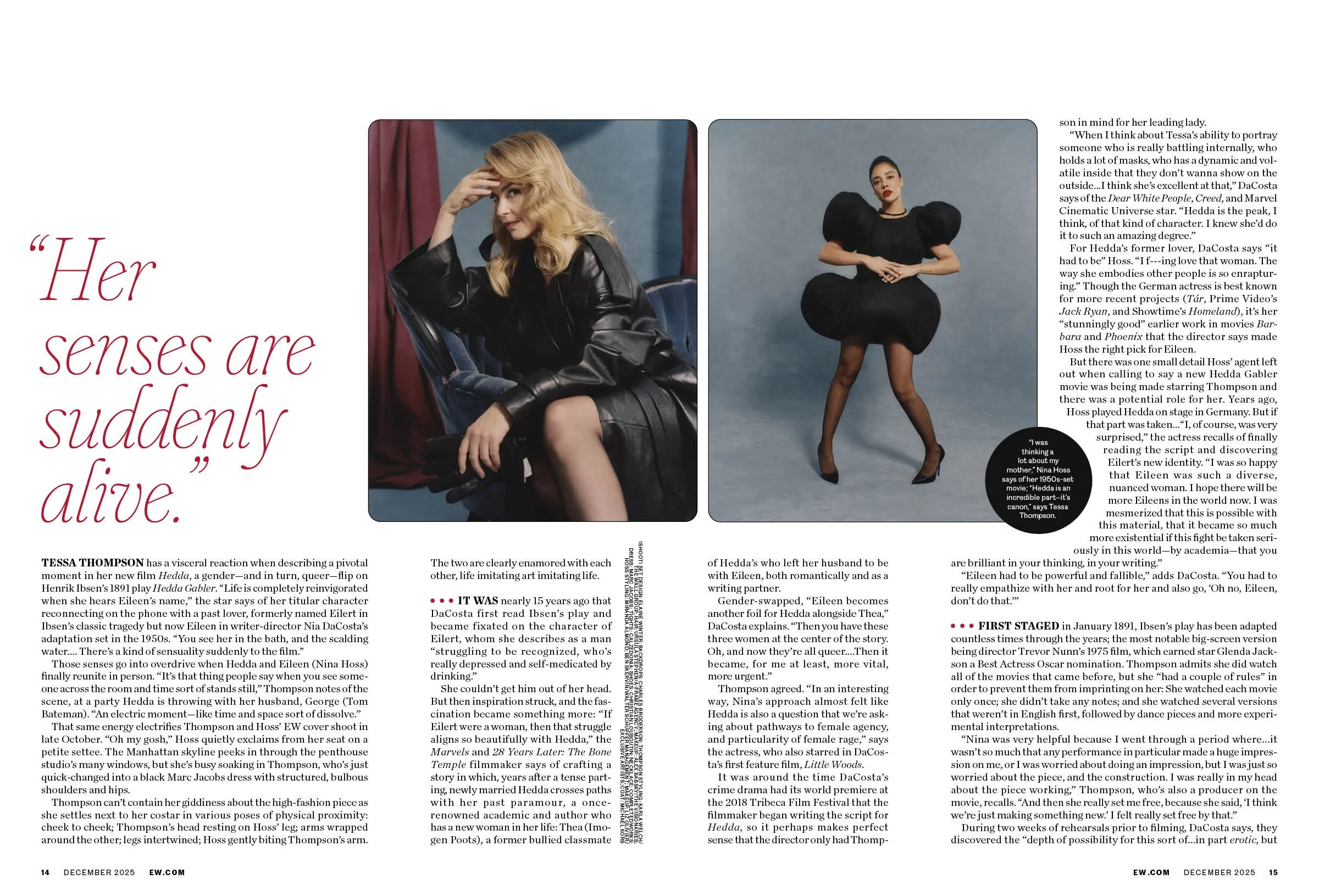 Two women in contrasting styles, one seated in a black leather jacket and the other standing in a black dress with puffed sleeves, posed against grey and dark red backgrounds respectively.