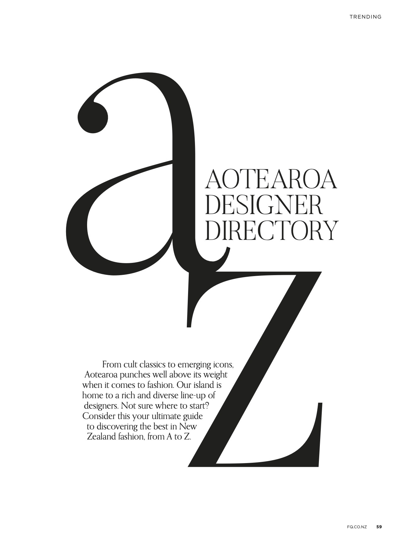 Page from Aotearoa Designer Directory featuring large stylized amount and text about New Zealand fashion designers