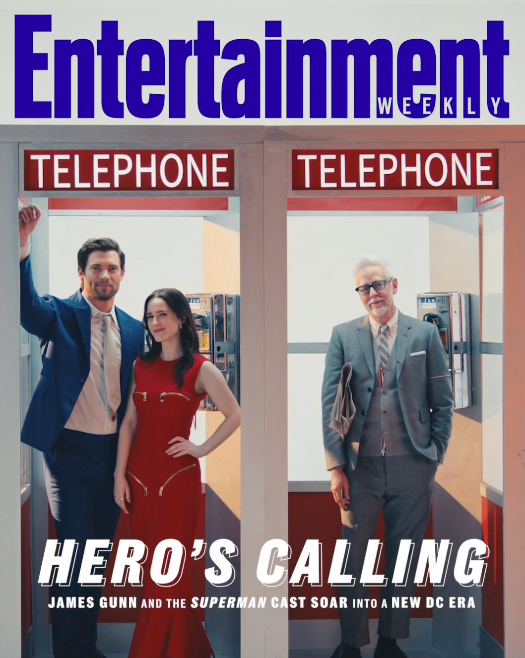 Cover of Entertainment Weekly magazine featuring James Gunn and cast members in phone booths, with the headline 'Hero's Calling' and subtitle about Superman cast.