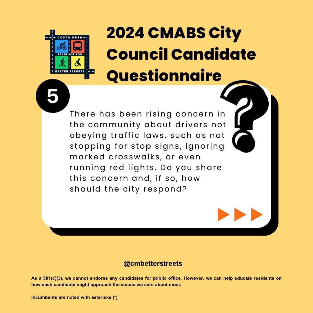 2024 CMABS City Council Candidate Questionnaire - The Answers Are In!

For the third election in a row, the Costa Mesa Alliance for Better Streets distributed a questionnaire to candidates for Costa Mesa Mayor and City Council, with the goal of getti