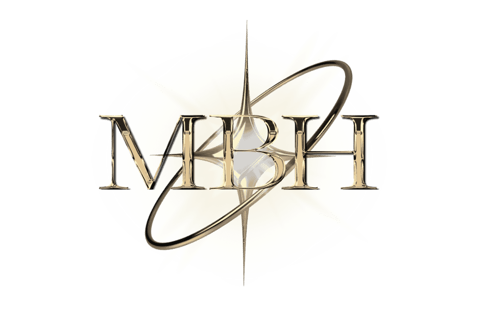 A logo for MTV BH featuring metallic text and a planetary ring, over a yellowish background with starburst effects.