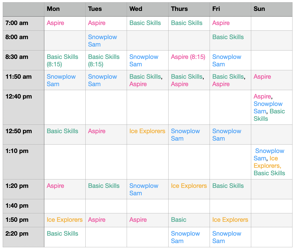 A weekly schedule for children's activities, listing times and titles such as Buck's Basic Skills, Snowplow Sam, Aspire, Ice Explorers, with different activities colored in pink, blue, green, and orange for each day of the week.