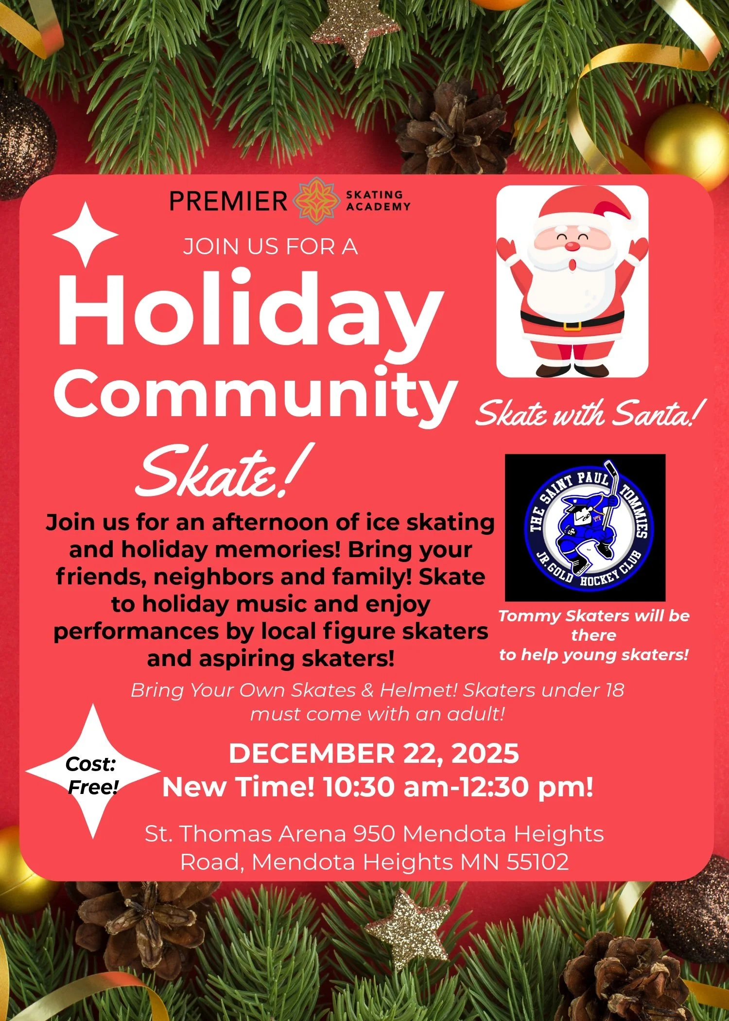 Red flyer with Christmas decorations at the top and bottom, advertising a holiday community skate event at St. Thomas Arena. Features a cartoon Santa, a hockey team logo, and details about the event including date, time, and location.