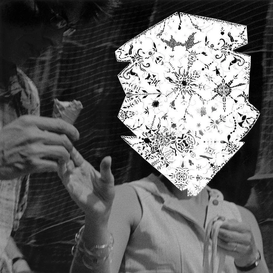 A person in a sleeveless top with a glittery bracelet around their wrist has a superimposed image of a diamond pendant with intricate floral patterns in place of their head.