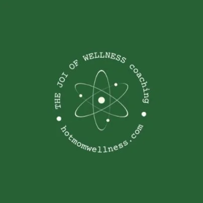 Logo with an atom symbol surrounded by the text 'The Joy of Wellness Coaching' and the website 'hotmomwellness.com' on a green background.