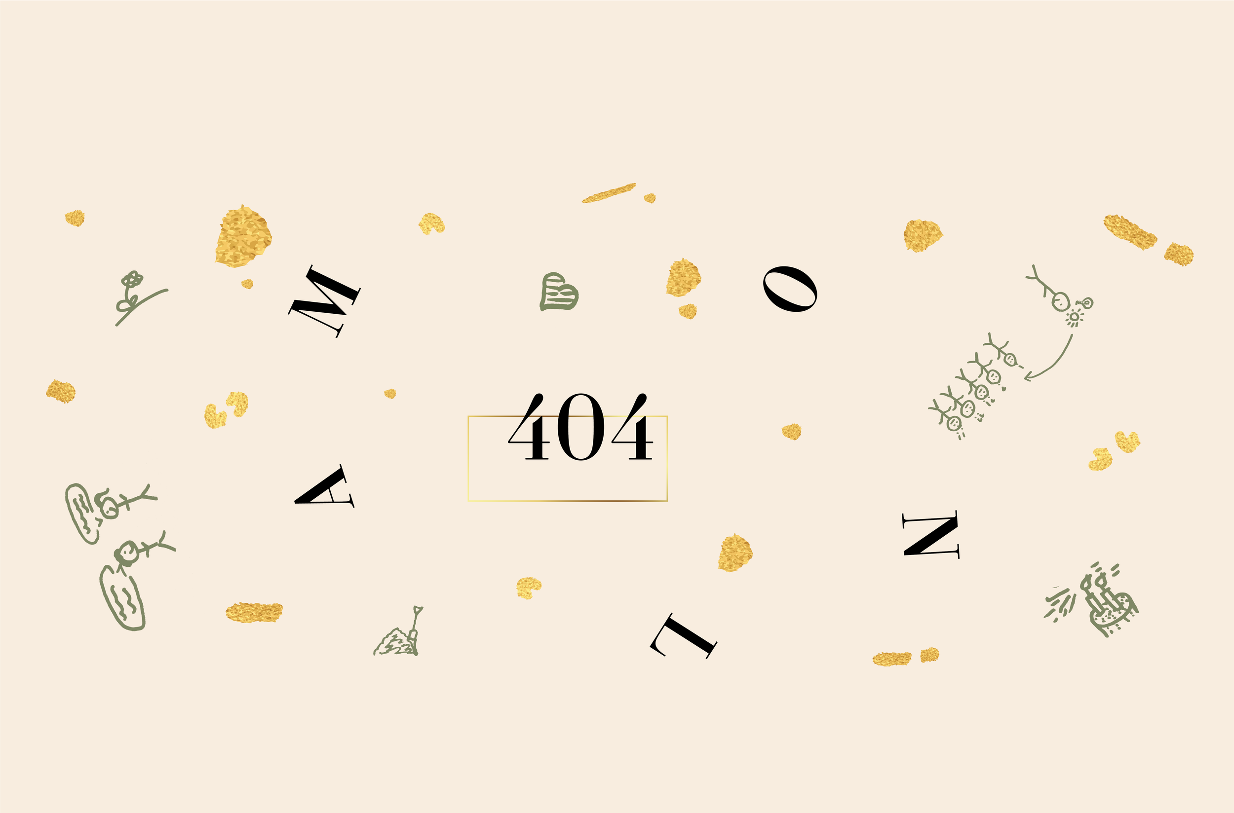 Fout 404 bericht met willekeurige groene illustraties van mensen en abstracte vormen, en gouden confetti op een beige achtergrond.