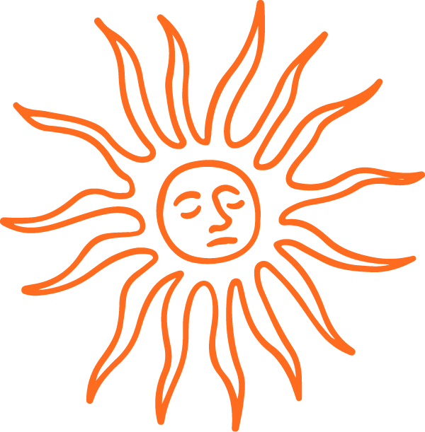 An orange line drawing of a sun with a face, showing a neutral or slightly sad expression.