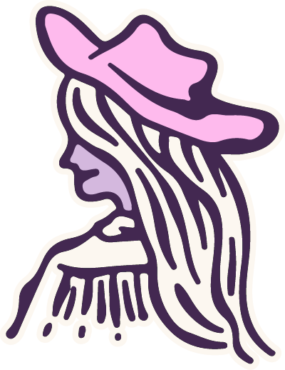 Stylized illustration of a woman wearing a wide-brimmed hat with long hair flowing, drawn with bold lines and pastel colors.