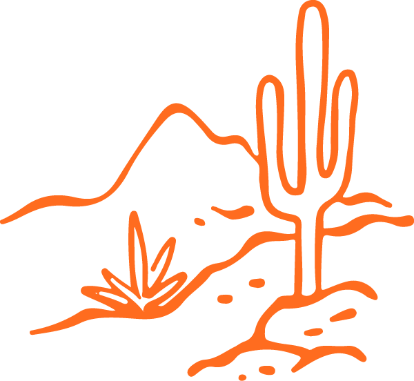 Outline drawing of a desert scene with a tall cactus, a small plant, rocks, and a mountain in the background.