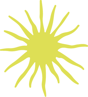 Yellow, abstract sunburst design with irregular rays extending outward.