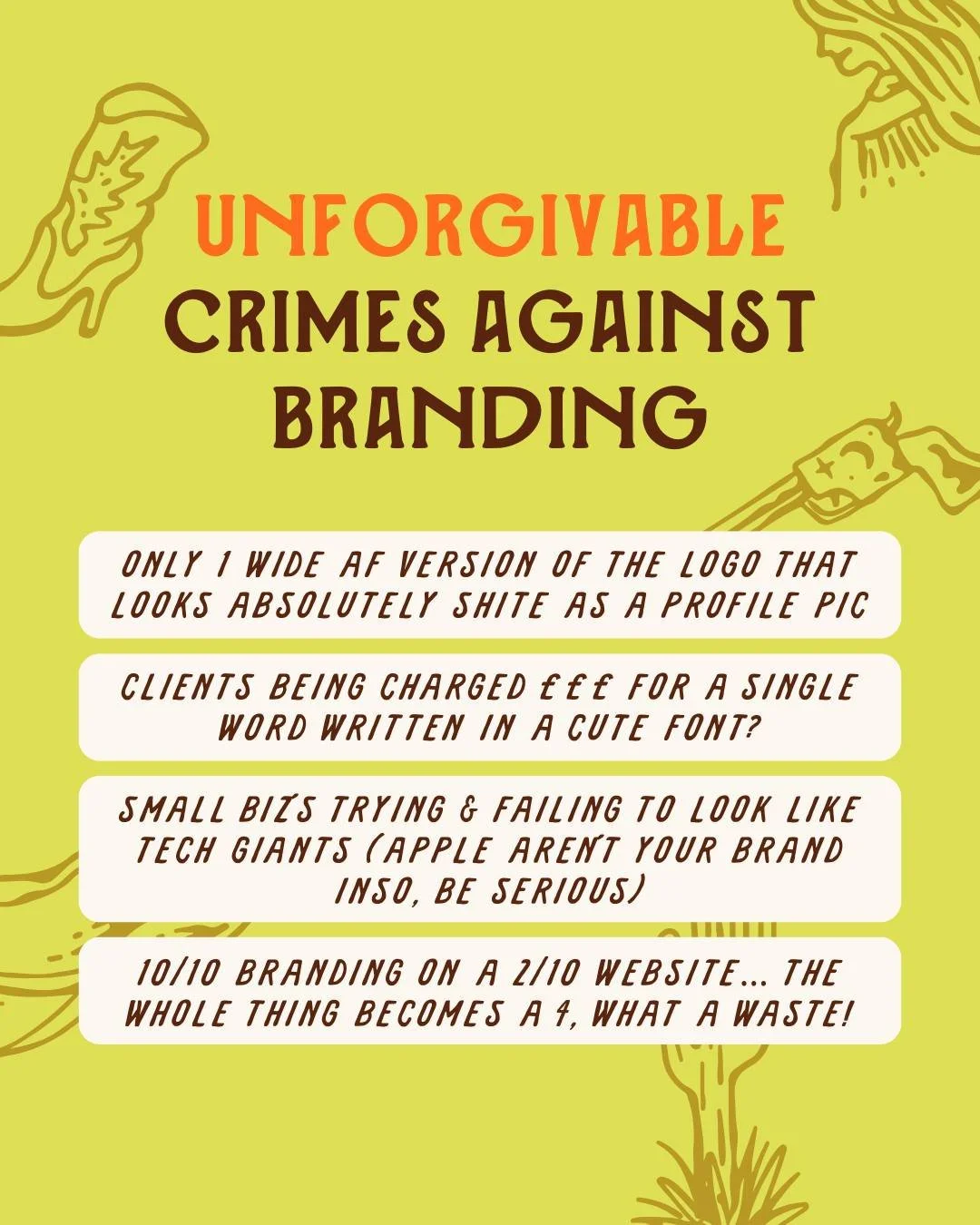 The brand sheriff has spoken 🌵⁣
⁣
Fess up, which crime are you guilty of?⁣
⁣
⁣
⁣
#branddesignstudio #branddesignagency #webdesignerslife #websitedesignagency #onlineserviceproviders #servicebasedbusinesses #designforcreatives #womeninbizness #websit