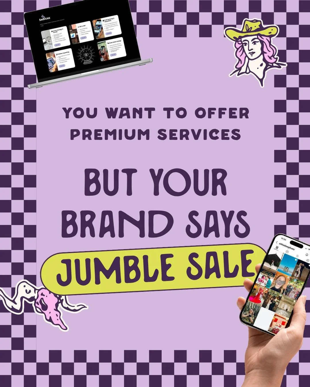 If your services are giving Selfridge's at Christmas, but your website is giving village jumble sale... you won't wanna skip this one.⁣
⁣
Growth is good.⁣
⁣
Mashing new styles into your brand every six months until your website looks like Gertrude's 