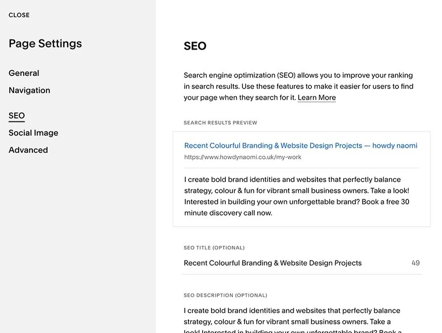 An example screenshot of the SEO titles and descriptions feature within Squarespace