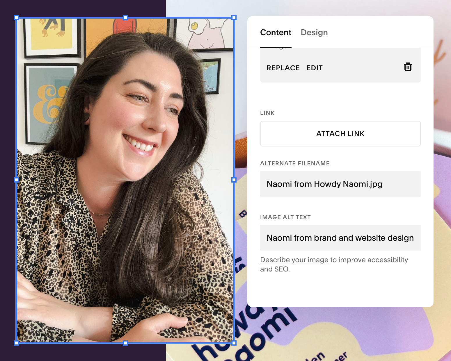 An example screenshot of where you'll find alt text options in Squarespace