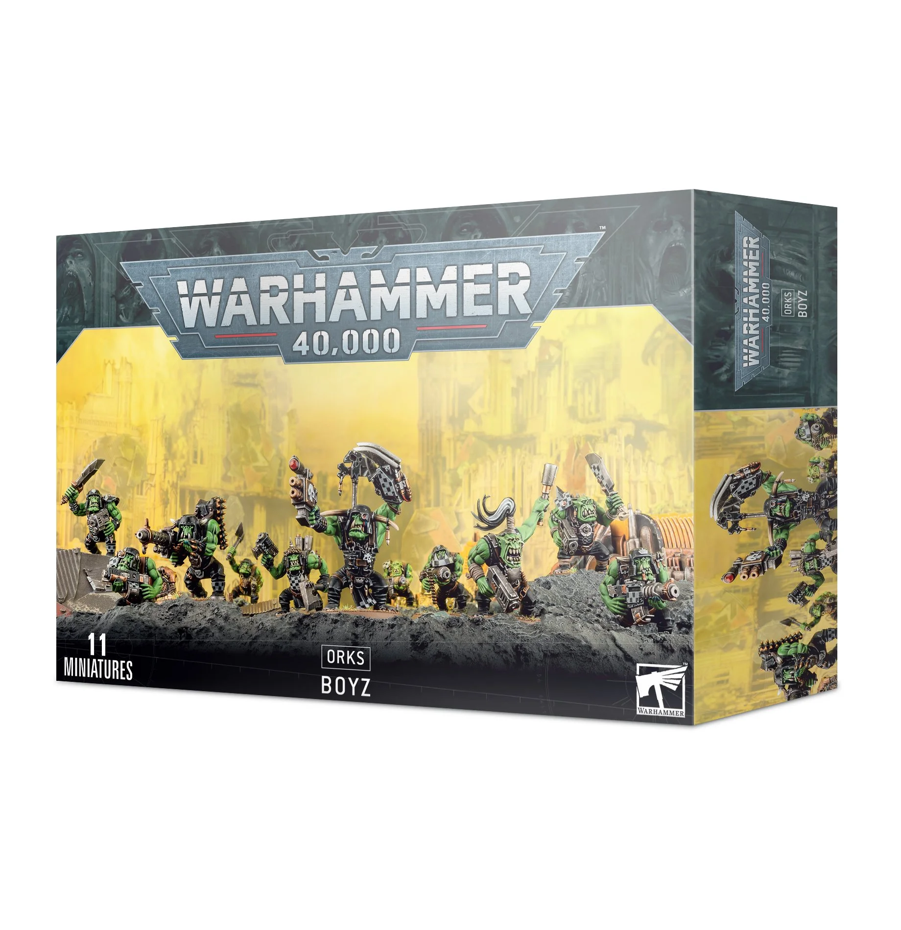 Box of Warhammer 40,000 Orks Boyz miniatures, featuring detailed painted models of green skin orcs with weapons, on a dark terrain background.