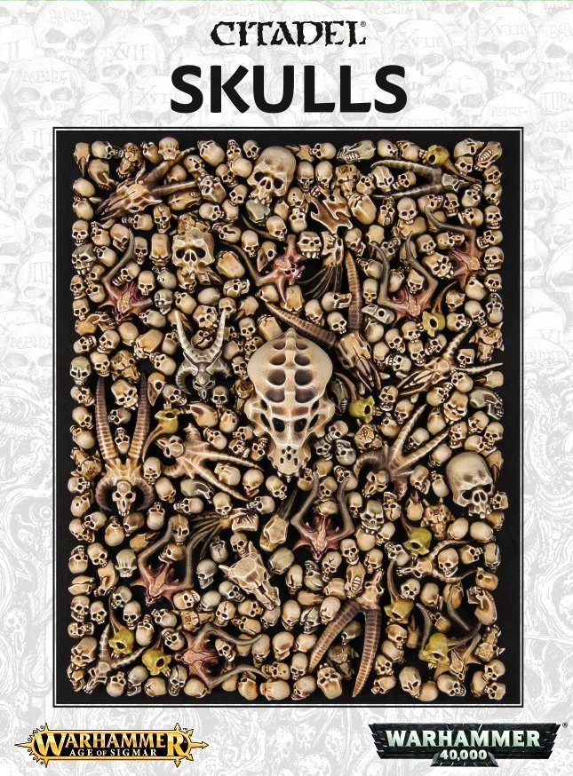 A collection of various small skulls and bones arranged on a display card for Warhammer Age of Sigmar Skulls. The display features a large central skull with holes, surrounded by numerous miniature skulls and bones.