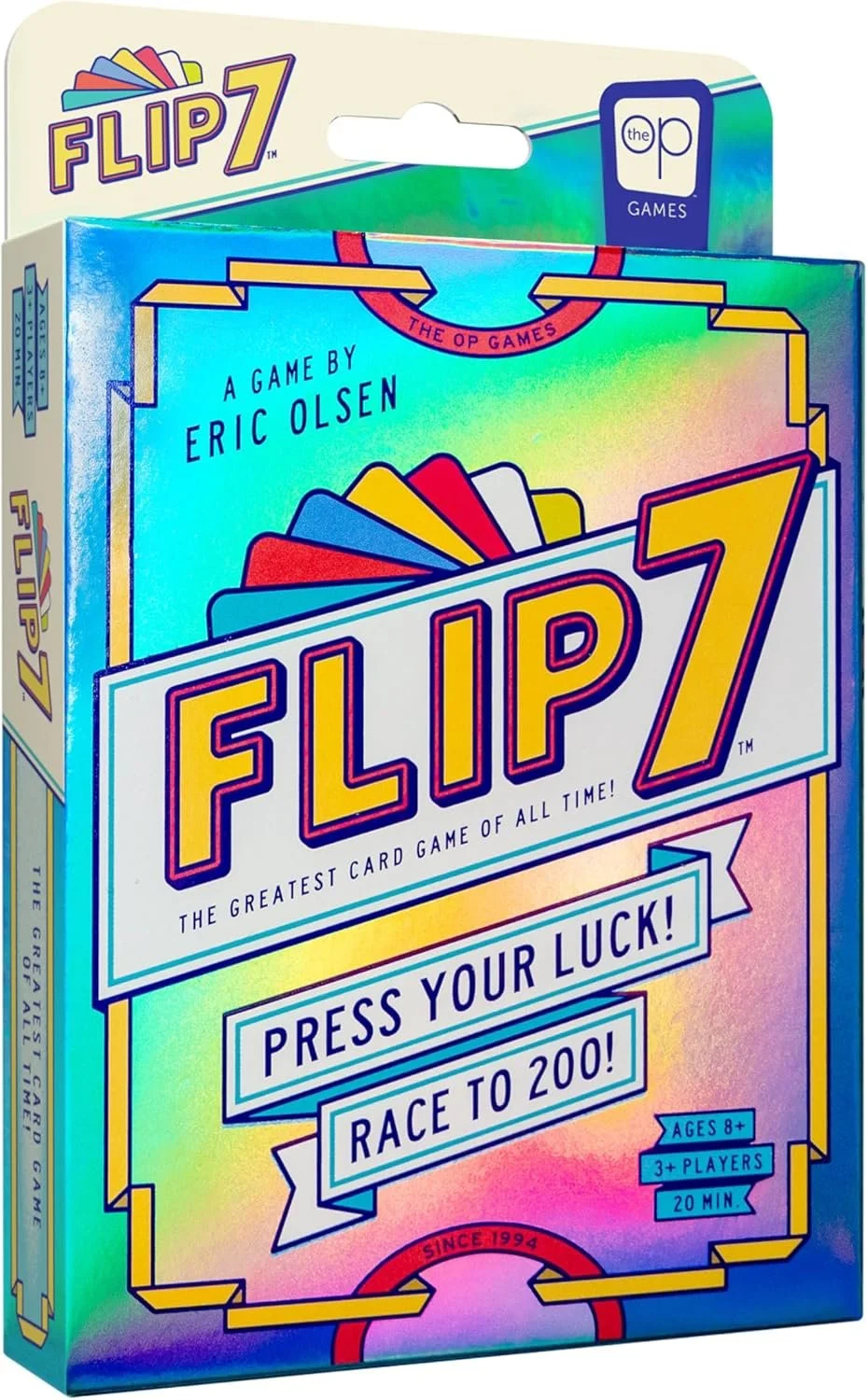 Flip 7 — €15 —
Type: Card game, push-your-luck, set collection.
Players: 3–10.
Complexity: Light.
Brief: Draw cards one at a time while trying to safely build the highest score without revealing duplicate numbers, risking everything to push further b