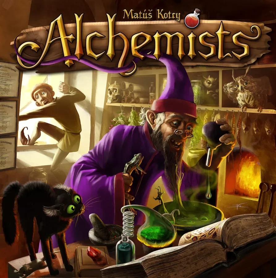 Alchemists — Board Game. €50 Type: Worker placement, logical deduction. Players: 2–4. Complexity: Medium-Heavy. Brief: Mix ingredients and use a companion app or deduction matrix to publish theories, debunk rivals, and brew potions for academic renow