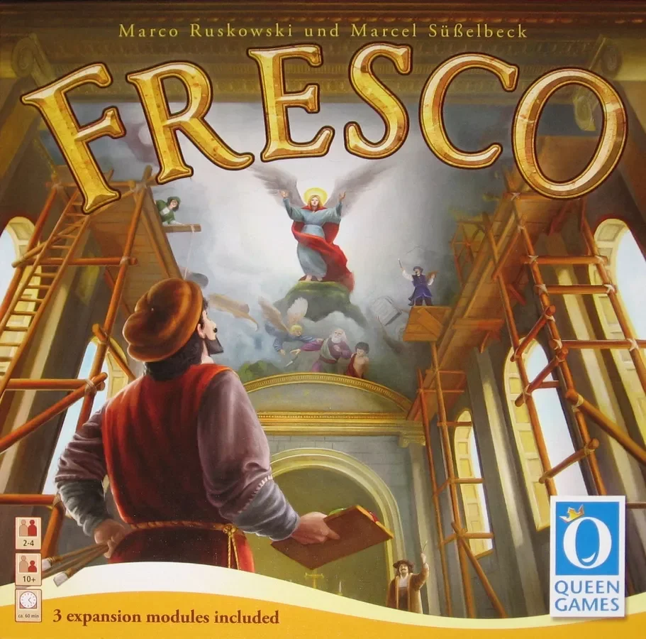 Fresco — Board Game. €50 Type: Worker placement, economic strategy. Players: 2–4. Complexity: Medium. Brief: Step into the shoes of Renaissance master painters to wake up your apprentices, gather colors, mix paints, and restore a priceless cathedral 