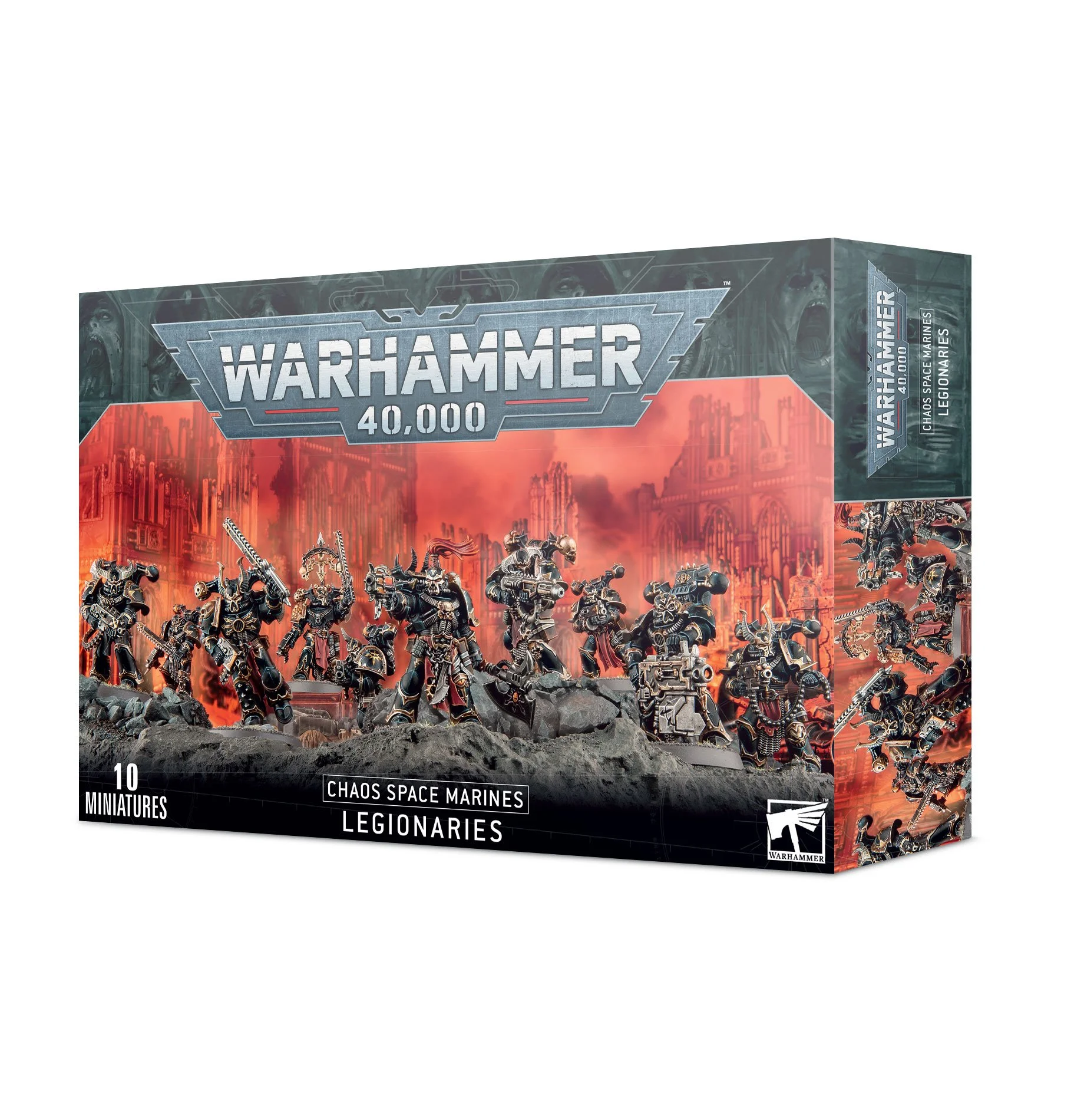 Box of Warhammer 40,000 Chaos Space Marines Legionaries miniatures with a backdrop of a fiery, ruined cityscape.