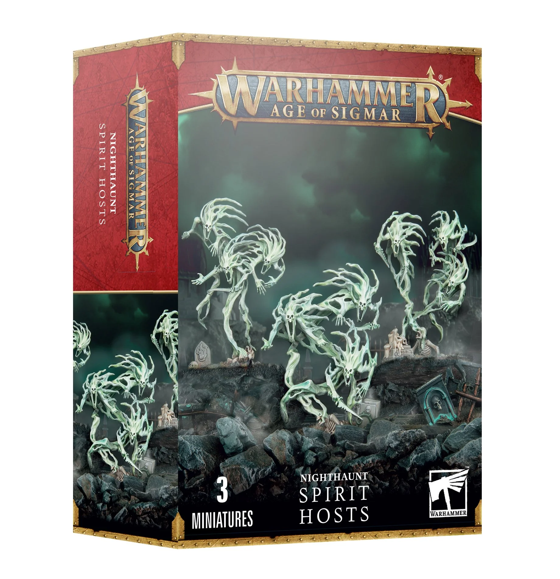Box cover for Warhammer Age of Sigmar Nighthaunt Spirit Hosts miniatures, depicting ghostly skeletal figures with elongated limbs emerging from dark rocky ground.