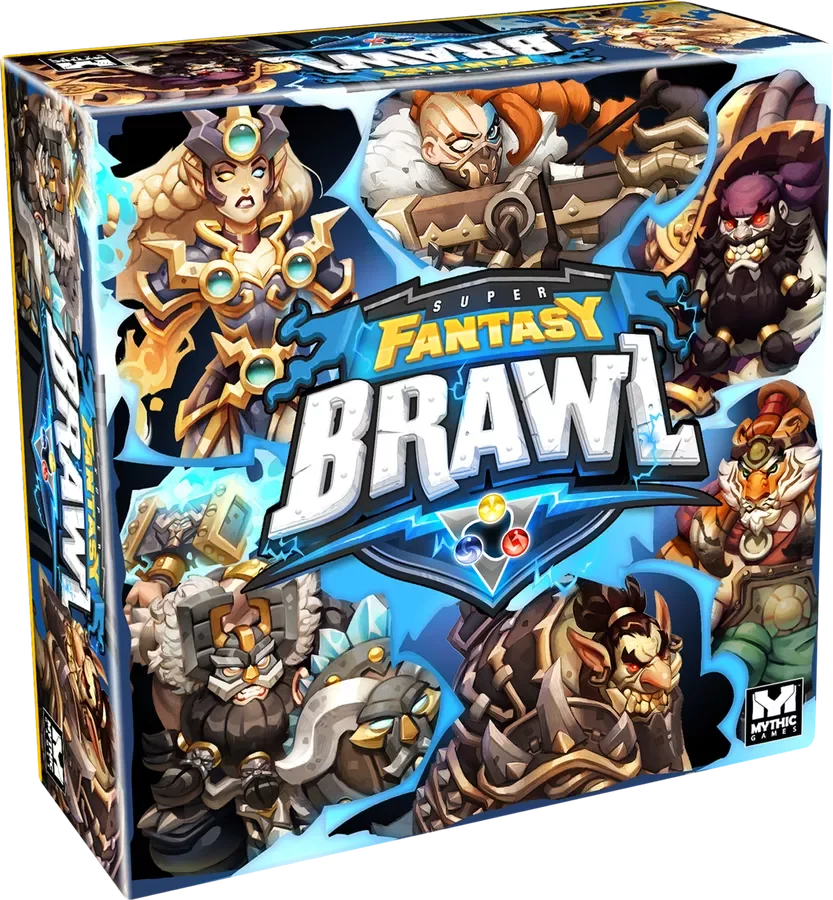 Super Fantasy Brawl — Board Game. €50 Type: Competitive arena combat, miniatures. Players: 2–4. Complexity: Medium. Brief: Draft a team of three magical champions and combine their unique action cards to outmaneuver rivals in fast-paced, diceless are