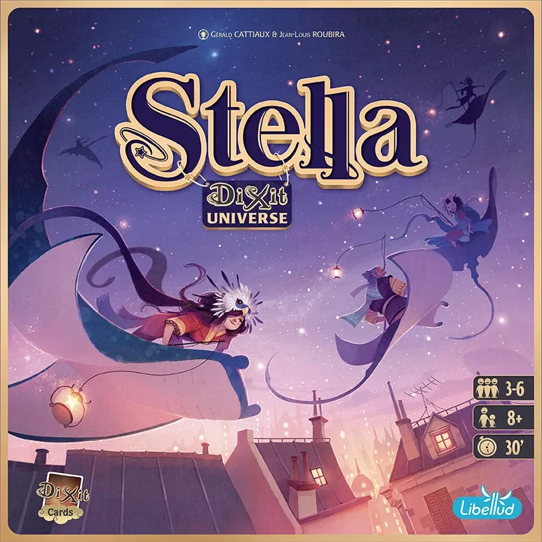 Stella Dixit - Boardgame.  €40
Type: Word-image association, deduction, push-your-luck.
Players: 3–6.
Complexity: Light.
Brief: Match clue-words to Dixit cards; score points by picking the same as others without being the only one."
