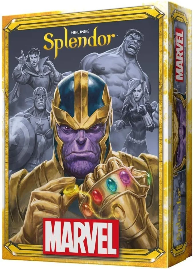 Splendor Marvel — €40 —
Type: Card game, engine building, set collection.
Players: 2–4.
Complexity: Light–Medium.
Brief: Recruit iconic Marvel heroes and villains by collecting Infinity Stone tokens, building powerful combinations, and racing to clai