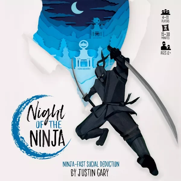 Night of the Ninja €35 — Board Game.  
Type: Bluffing, deduction, hidden roles, memory. 
Players: 4–8. Complexity: Light. Brief: Players are secretly assigned roles (Ninja, Spy, Civilian) and must deduce who the hidden Ninja is before they eliminate 