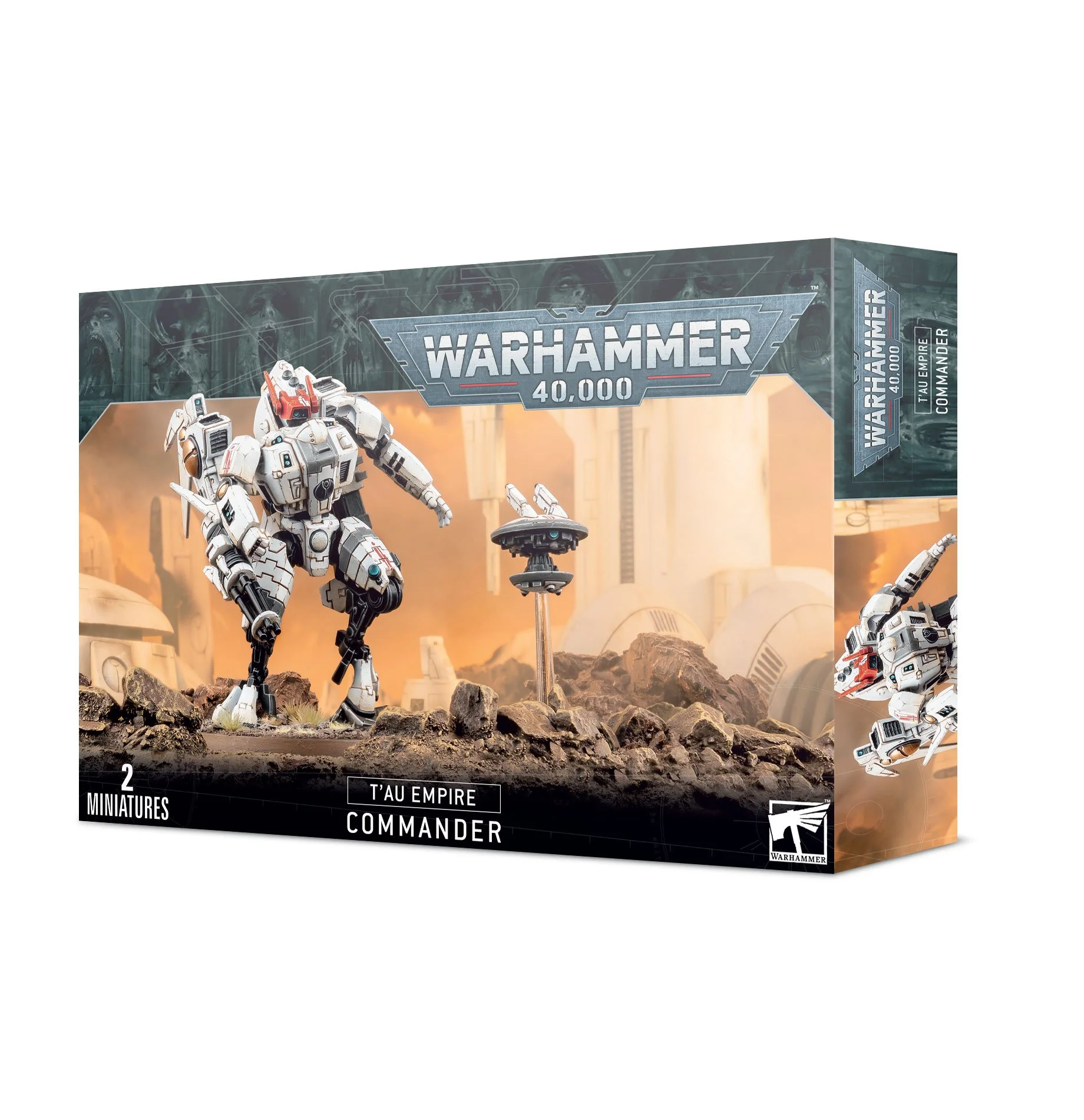Warhammer 40,000 T'au Empire Commander miniature set box art showing two highly detailed mech miniatures with a sci-fi cityscape background.