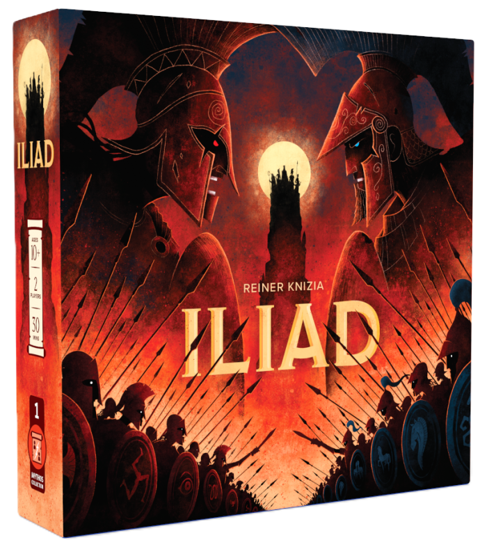 The Iliad: A Game of Heroes and Gods — €40 —
Type: Strategy game, area control, mythological conflict, dice & card driven.
Players: 2–4.
Complexity: Medium.
Brief: Recreate the legendary Trojan War as rival heroes and gods clash over honour, fate, an