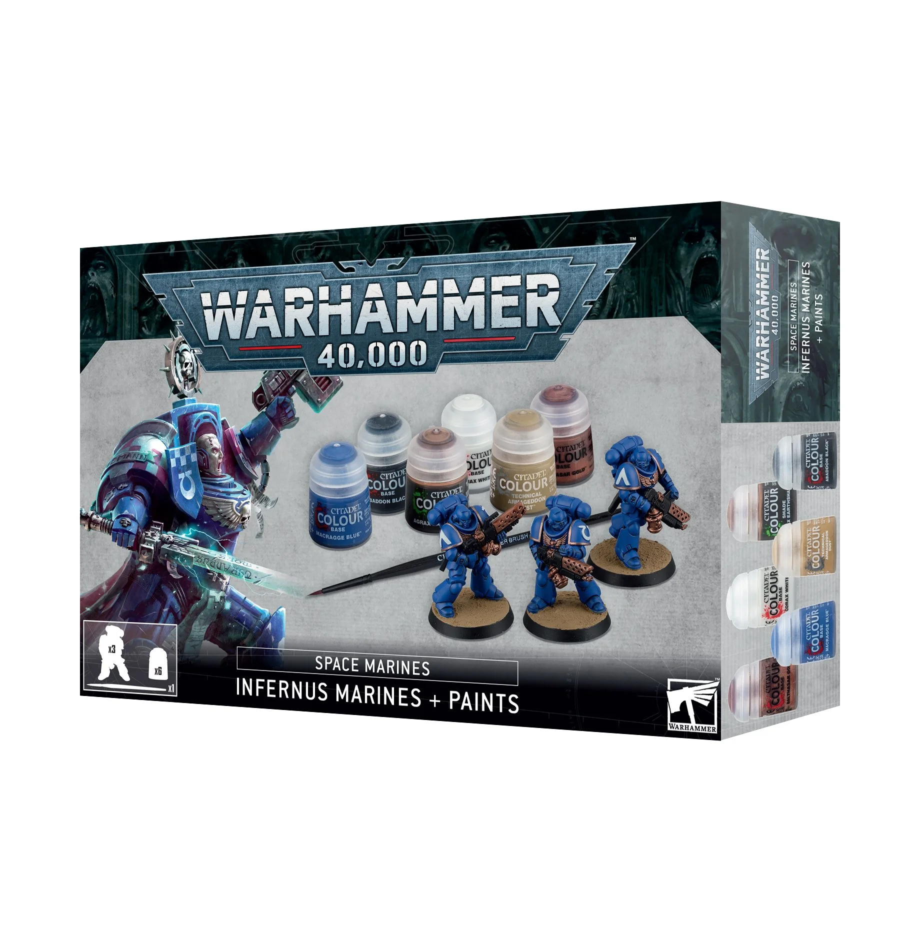 Warhammer 40,000 Space Marines infantry set with three painted blue miniatures, six bottles of Citadel paint in assorted colors, and a painted Space Marine figure on the box.