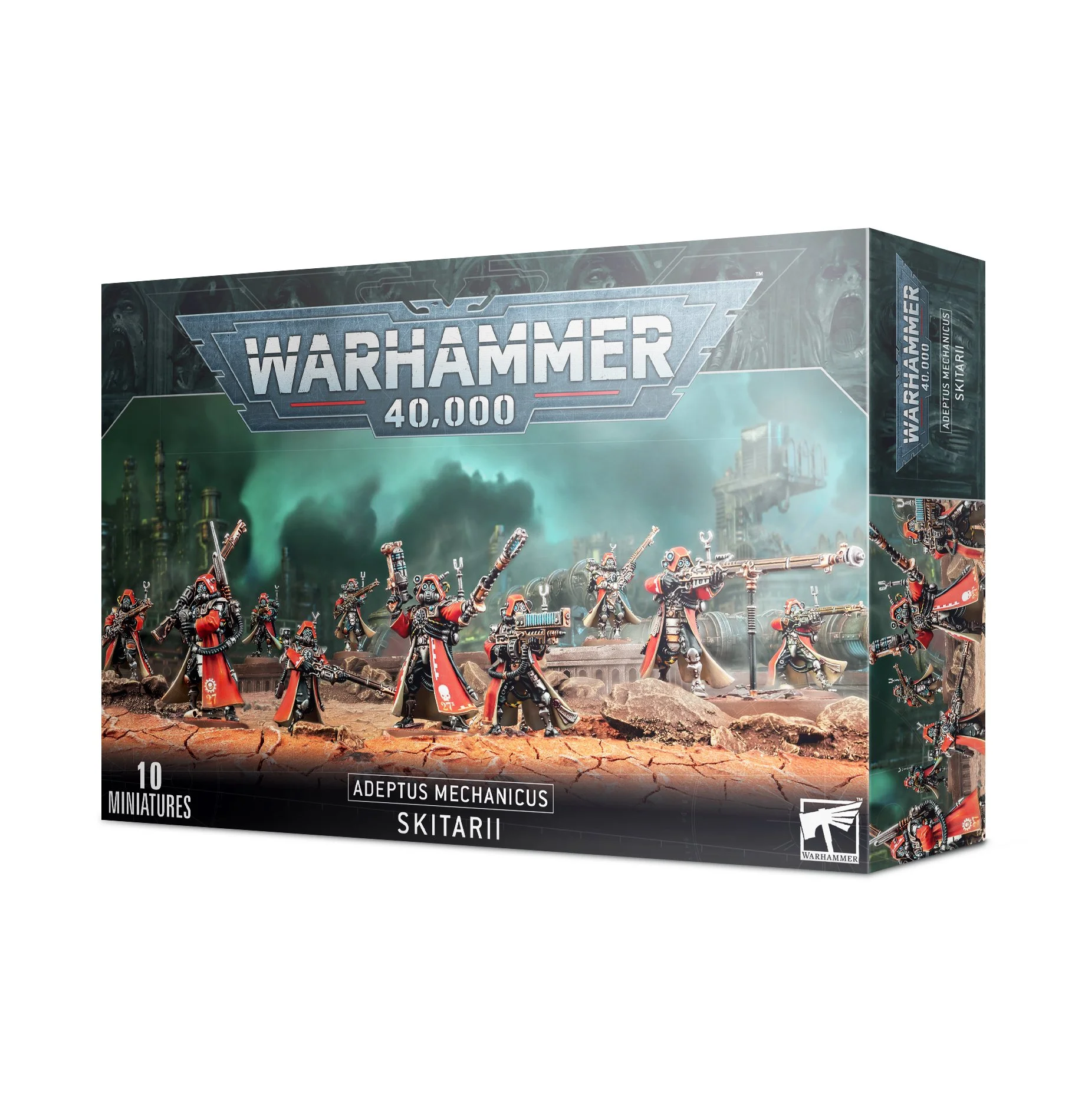 Box of Warhammer 40,000 Adeptus Mechanicus Skitarii miniatures featuring soldiers in red armor and high-tech weaponry on a cracked terrain with smoke-filled background.