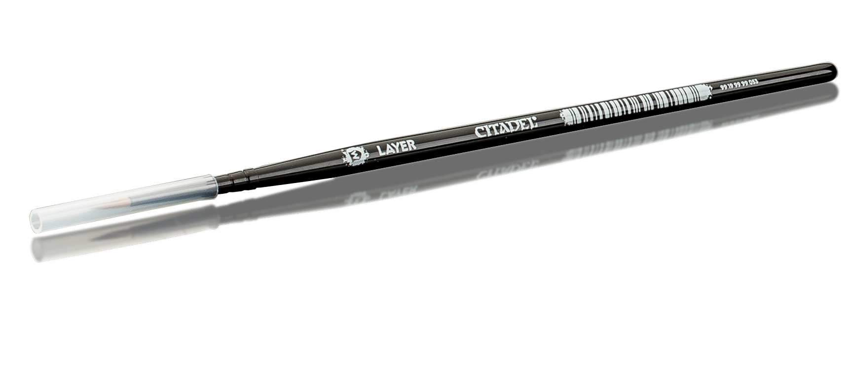 Black pen with white cap labeled 'Layer Citadel' lying on a reflective surface.